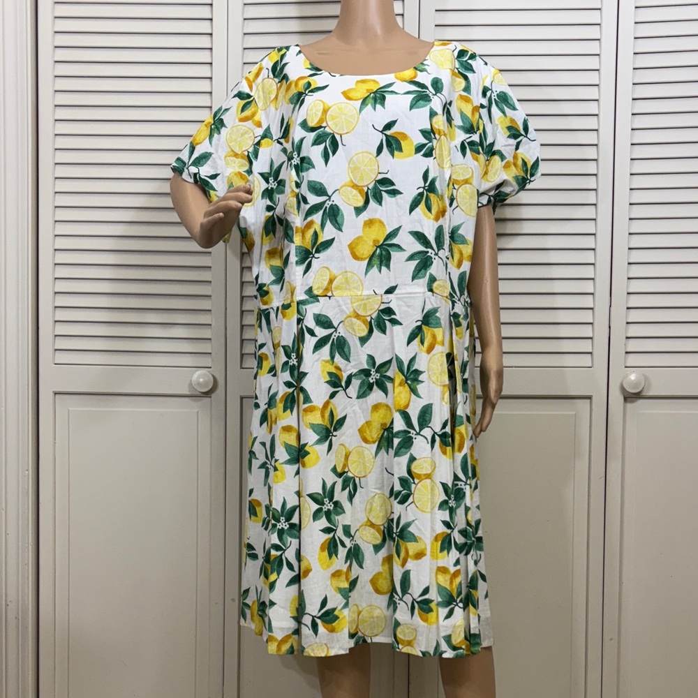 eShakti Lemon and Leaf Print Cotton Knee Length Dress 4X